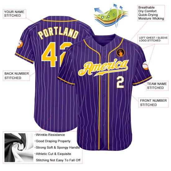 Custom Purple White Pinstripe Gold-White Authentic Baseball Jersey Custom Purple White Pinstripe Gold-White Authentic Baseball Jersey