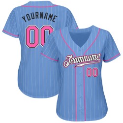 Custom Light Blue White Pinstripe Pink-Black Authentic Baseball Jersey Custom Light Blue White Pinstripe Pink-Black Authentic Baseball Jersey