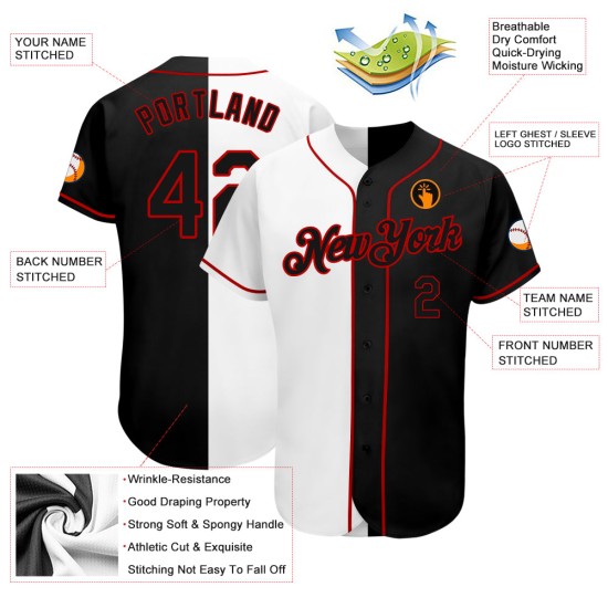 Custom White-Black Red Authentic Split Fashion Baseball Jersey Custom White-Black Red Authentic Split Fashion Baseball Jersey