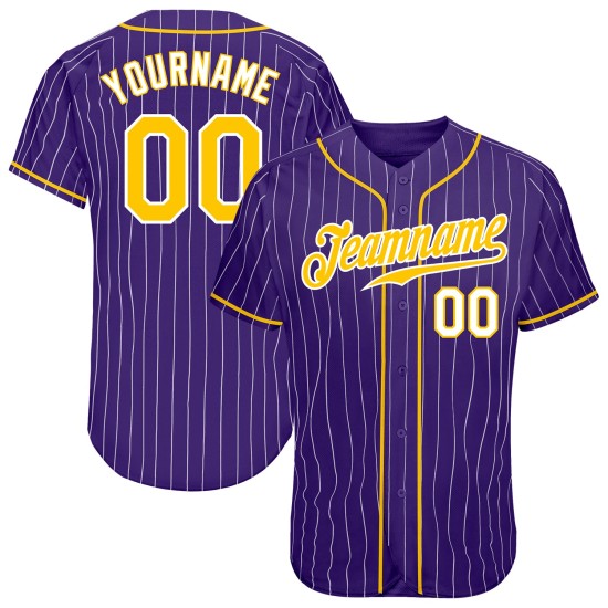 Custom Purple White Pinstripe Gold-White Authentic Baseball Jersey Custom Purple White Pinstripe Gold-White Authentic Baseball Jersey