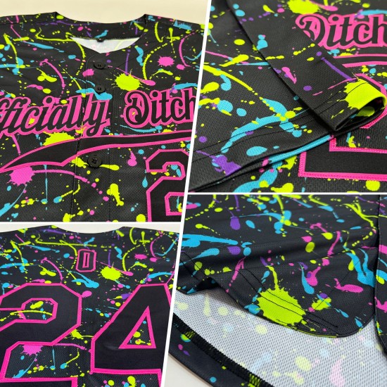 Custom Graffiti Pattern Black-Pink 3D Neon Splatter Authentic Baseball Jersey Custom Graffiti Pattern Black-Pink 3D Neon Splatter Authentic Baseball Jersey