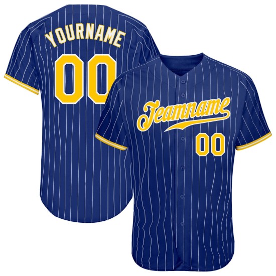 Custom Royal White Pinstripe Gold-White Authentic Baseball Jersey Custom Royal White Pinstripe Gold-White Authentic Baseball Jersey