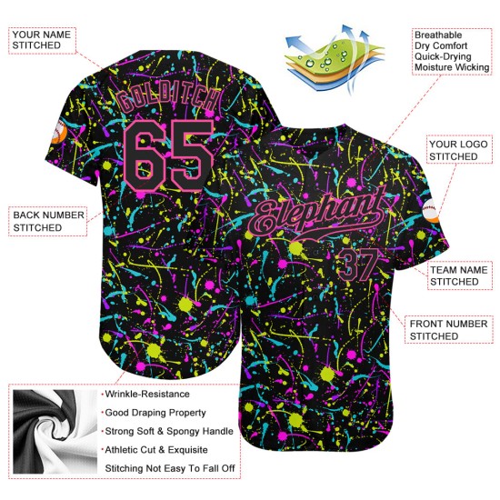 Custom Graffiti Pattern Black-Pink 3D Neon Splatter Authentic Baseball Jersey Custom Graffiti Pattern Black-Pink 3D Neon Splatter Authentic Baseball Jersey